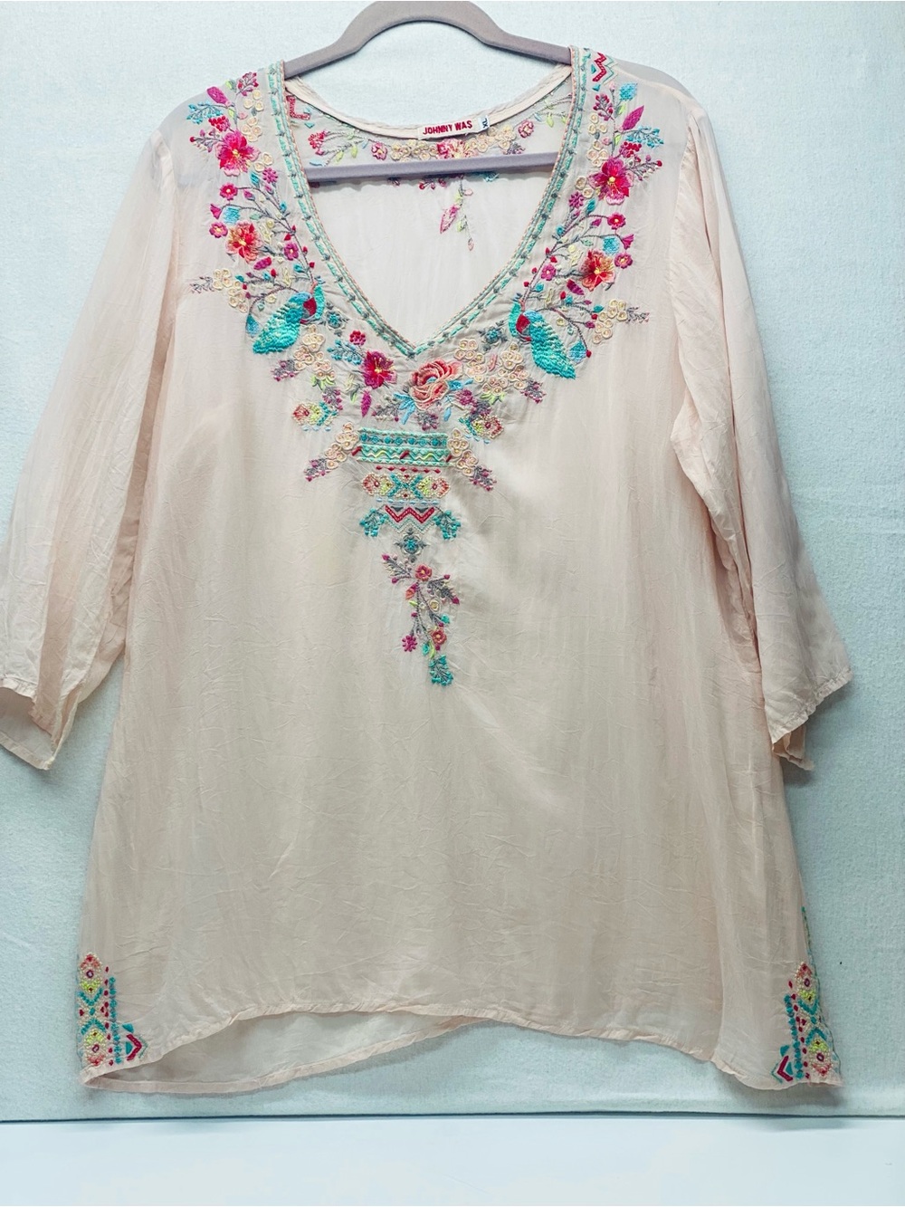 Johnny Was Priscilla Embroidered Floral Peacock 3/4 Sleeve V Neck XL Blouse READ
